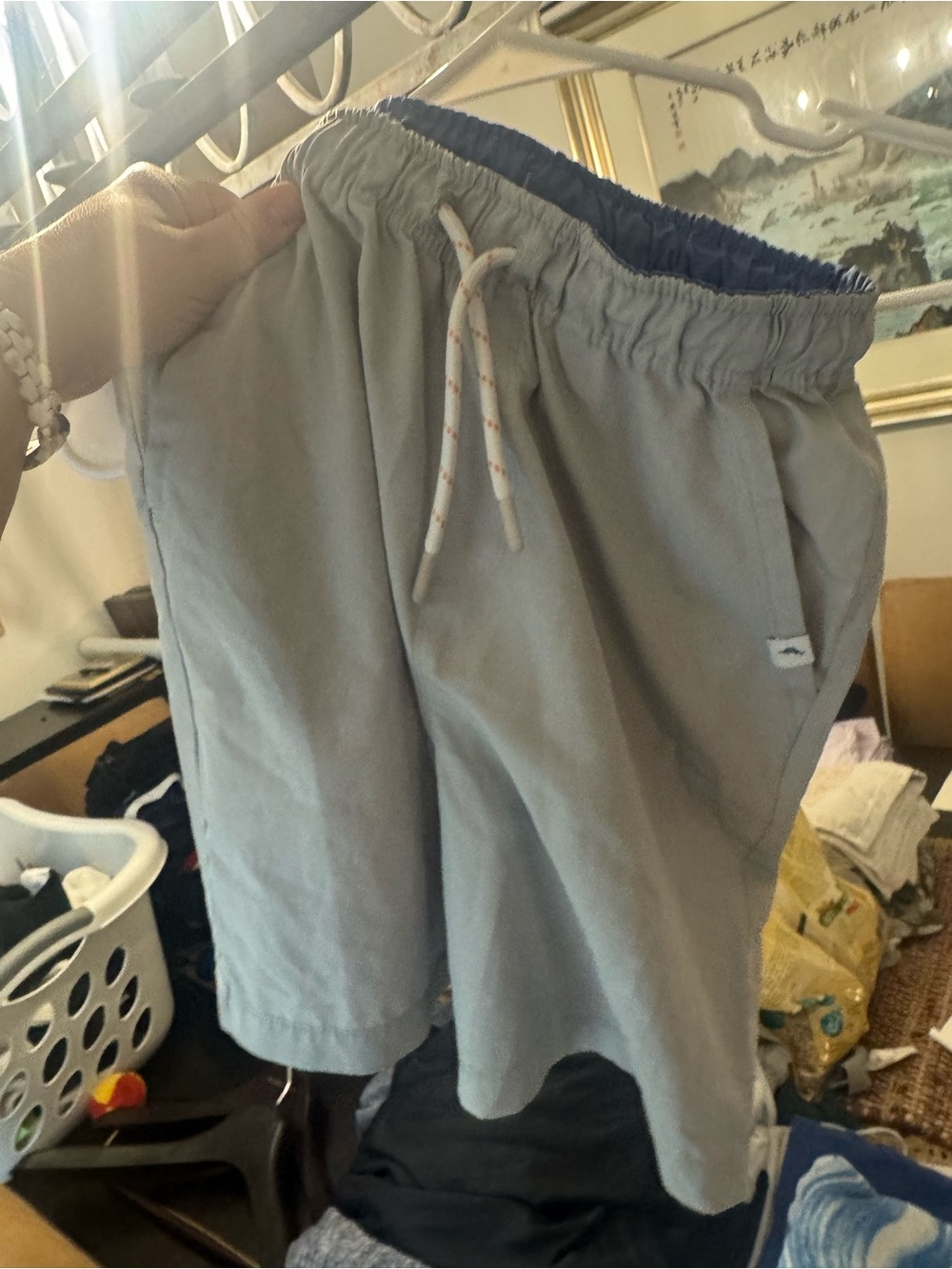Tommy Bahama Light Gray Kids Drawstring Shorts with Navy Waistband
